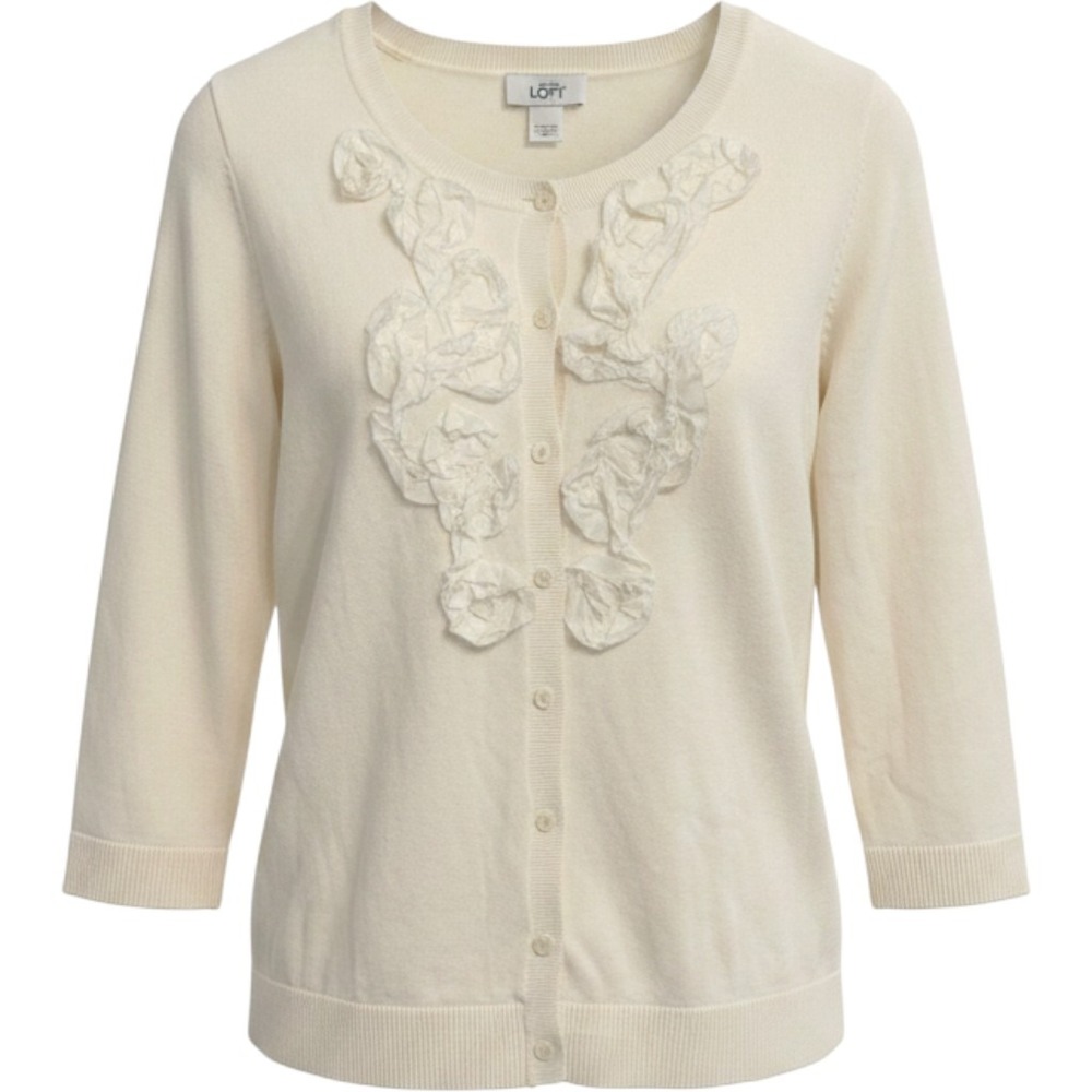 Ann Taylor Loft Cream Flower Front Button Down Cardigan Sweater Size M